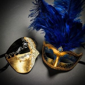 Musical Black Gold &Blue Tall Feather Couple Masks